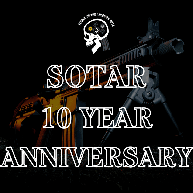 A dark-themed image showing a rifle with the text "SOTAR 10 Year Anniversary" in bold white letters.