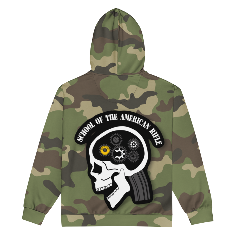 SOTAR M81 Special Edition Zip Up Hoodie – The Lord’s Plaid features a camo design, a skull with gears graphic, and “SCHOOL OF THE AMERICAN RIFLE” text on the back.