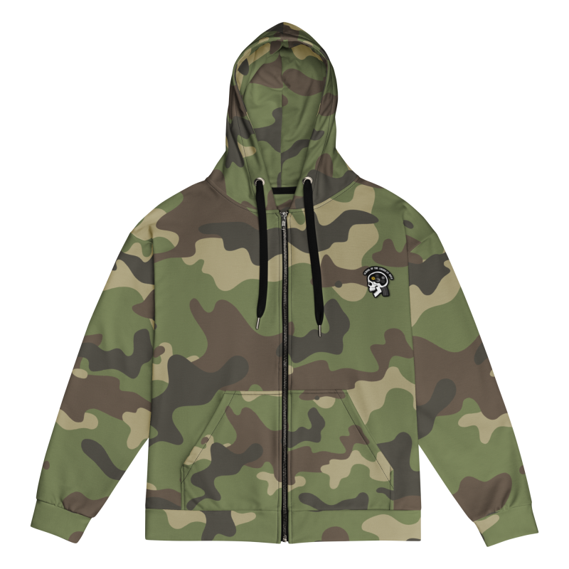The SOTAR M81 Special Edition Zip Up Hoodie – The Lord’s Plaid features green and brown camouflage, black drawstrings, and a small embroidered patch on the left chest.