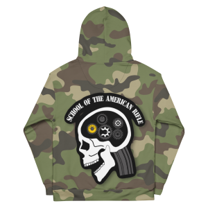 The SOTAR Special Edition M81 Hoodie - The Lord's Plaid features a camouflage design with a skull and gears graphic on the back, plus "School of the American Rifle" printed above.