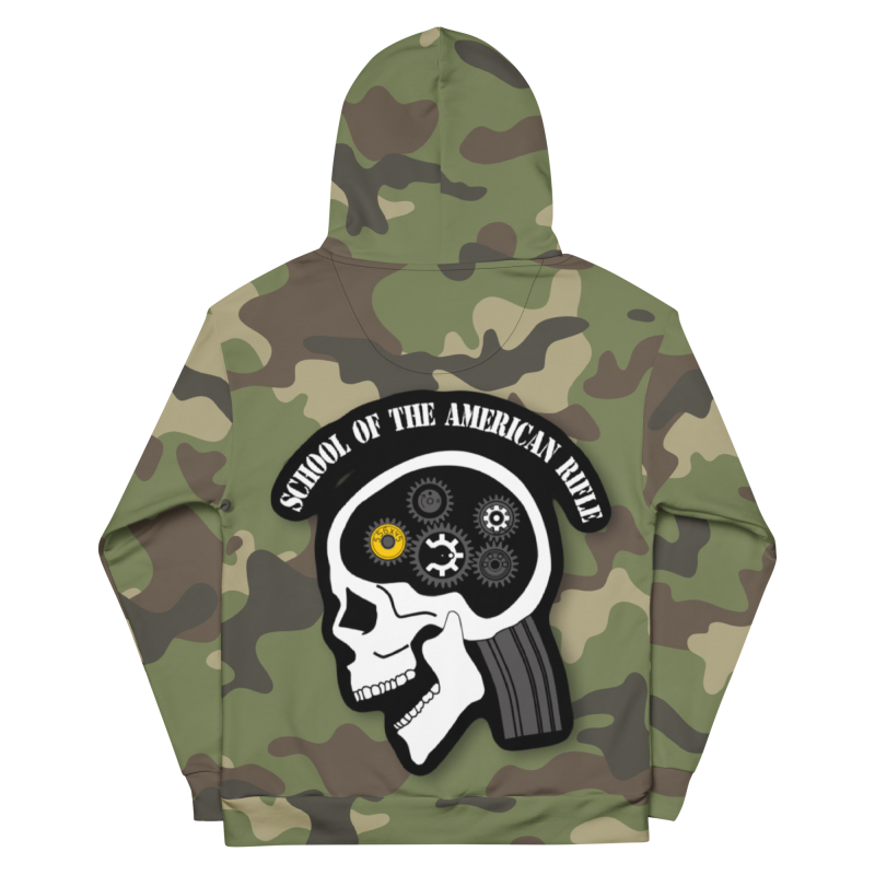 The SOTAR Special Edition M81 Hoodie - The Lord's Plaid features a camouflage design with a skull and gears graphic on the back, plus "School of the American Rifle" printed above.