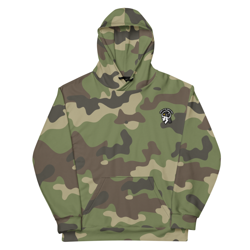 The SOTAR Special Edition M81 Hoodie - The Lord's Plaid features a green, beige, and brown camo print, front pocket, and a small skull with headphones graphic on the left chest.
