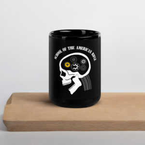 A SOTAR Black Glossy Mug with a skull and gears on it.