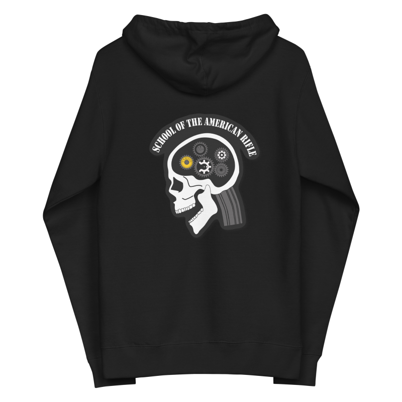 SOTAR fleece zip up hoodie in black, featuring a skull design with gears and the text "School of the American Rifle" on the back.