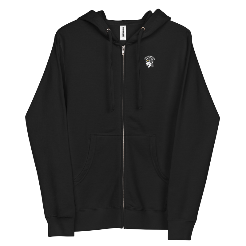 SOTAR fleece zip-up hoodie in black, featuring a small embroidered circular emblem with a white silhouette of a head on the chest.