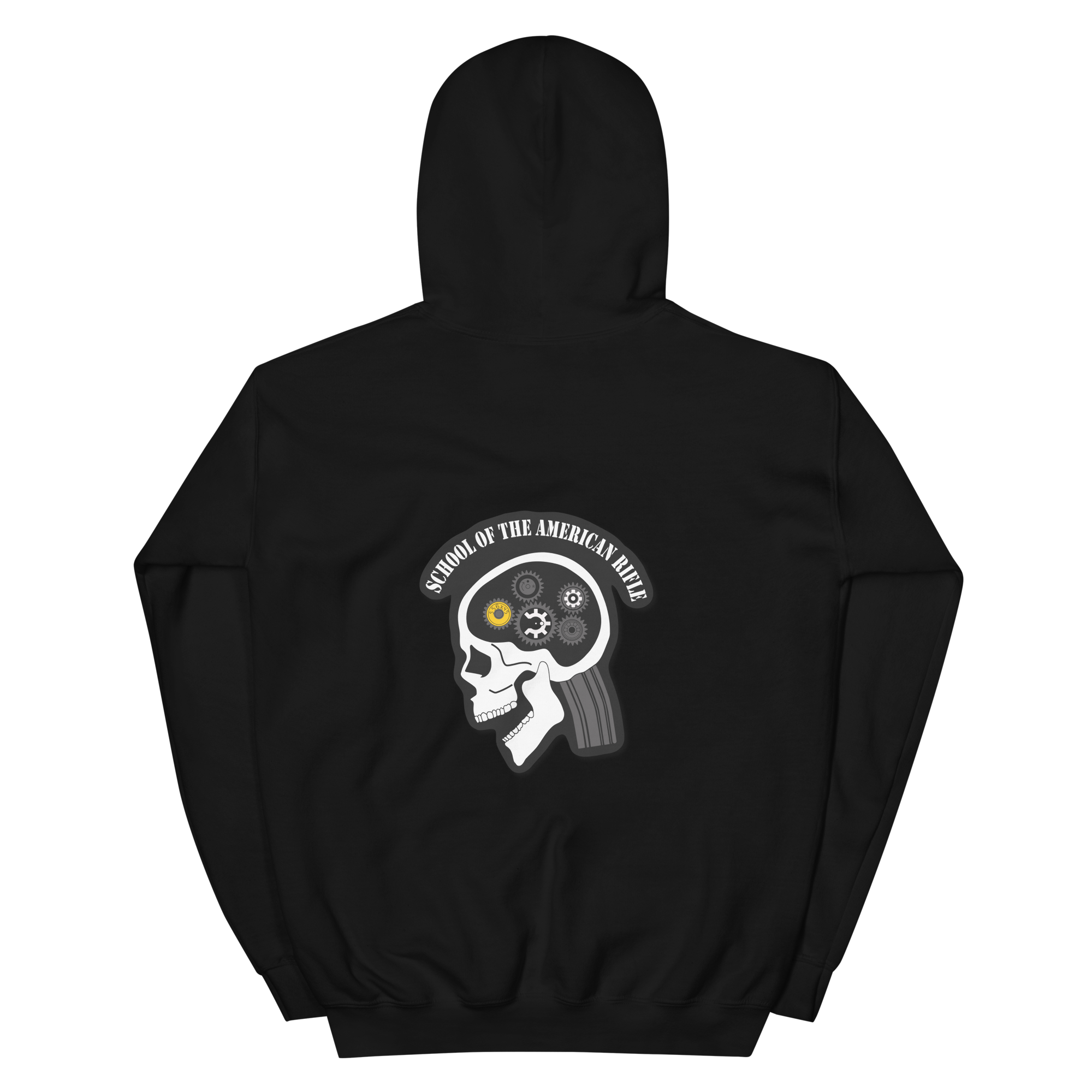 Unisex hoodie in black featuring a stylized skull with gears and the text "School of the American Dead" on the back.