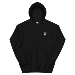 Unisex black hoodie featuring a subtle white embroidered design of a skull and flowers on the upper left chest.