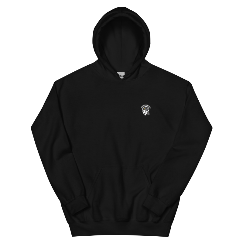 Unisex black hoodie featuring a subtle white embroidered design of a skull and flowers on the upper left chest.