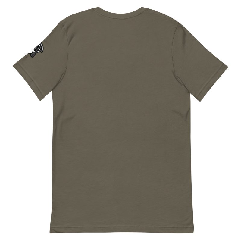 Back view of the olive green Unisex t-shirt, featuring short sleeves and a small black and white circular patch on the left sleeve.