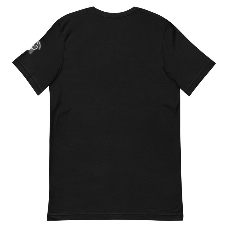 Back view of the Unisex t-shirt in black, featuring a small circular white graphic on the left sleeve.